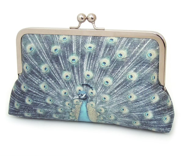 Image of Blue peacock, printed fabric clutch bag with optional chain handle
