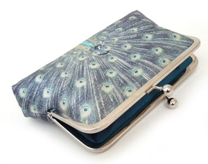 Image of Blue peacock, printed fabric clutch bag with optional chain handle