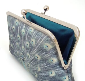 Image of Blue peacock, printed fabric clutch bag with optional chain handle