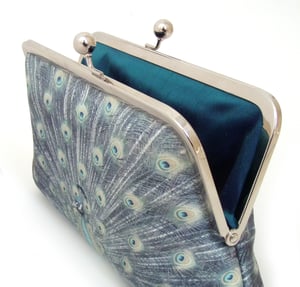 Image of Blue peacock, printed silk clutch bag with optional chain handle