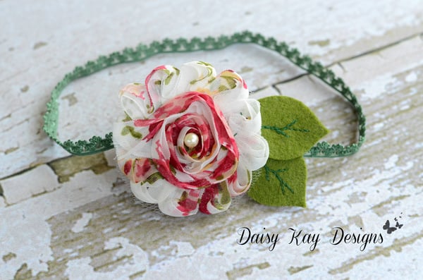 Image of Chiffon Floral headband/clip with embroidered leaves