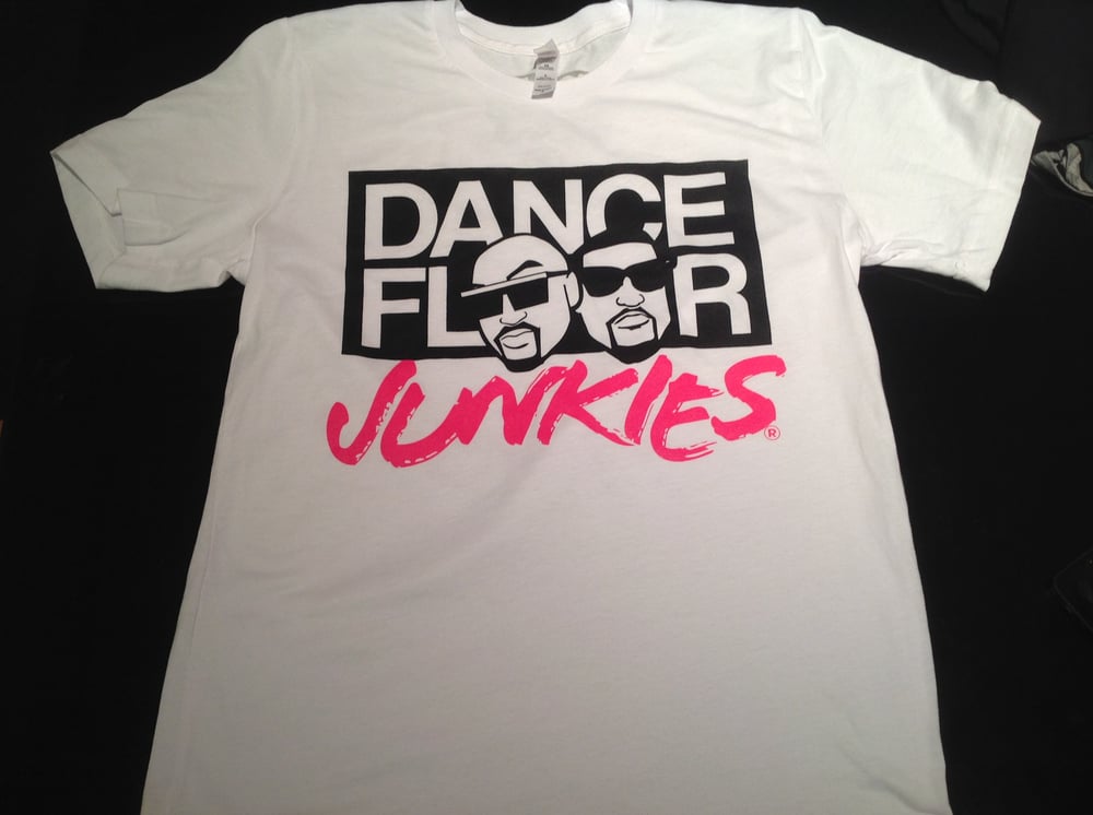 Image of Dance Floor Junkies /Unisex White Tee Neon Pink Logo