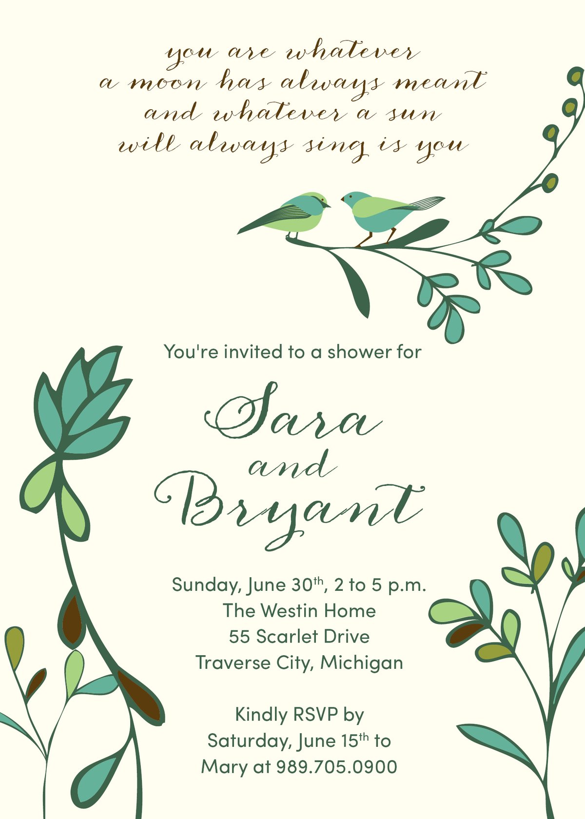 Birds and Branches Shower Invitation (i carry your heart with me - poem)