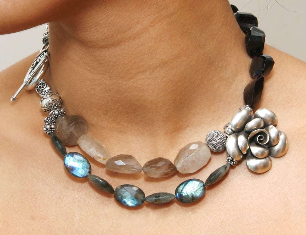 Double Layer Rutilated Quartz, Garnet and Labradorite Necklace