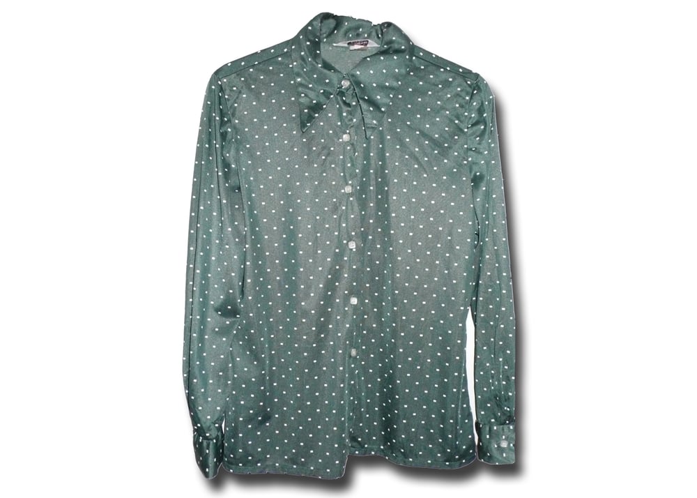 Image of Womans Vintage Green Leslie Fay shirt with whitle rectangle dots size 12.