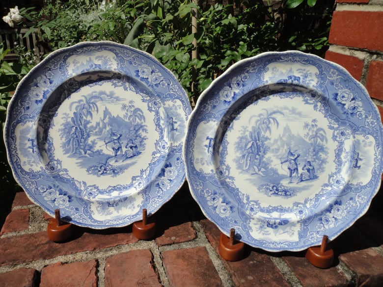 Image of Pair of Adams "Columbus" Blue and White Transferware Plates