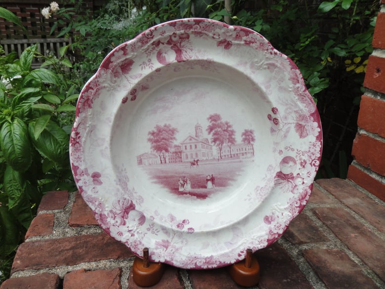 Image of A Superb Red and White "Harvard College" Transferware Bowl