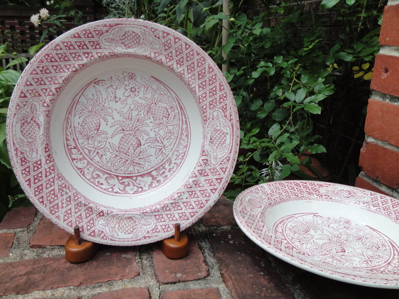 Image of A Superb Pair of Red and White Scottish Transferware Soup Bowls.