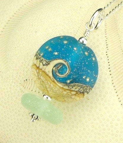 Image of Genuine Sea Glass Necklace Aqua Sea Glass And Handmade Starry Night Lampwork Bead 
