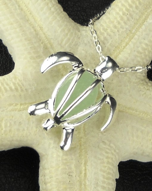 Image of Sterling Silver Genuine Sea Glass Necklace Aqua Turtle Locket