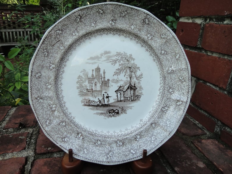 Image of An Elegant Mid "Garden Scenery" 19th Century Brown Transfer Plate
