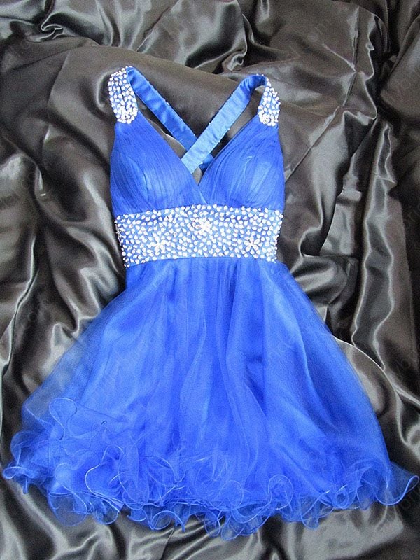 Image of A-line Straps Tulle Satin Short/Mini Royalblue Rhinestone Homecoming Dresses