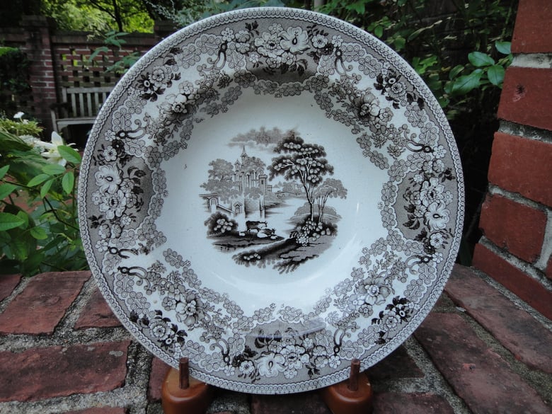 Image of A Superb 19th Century Brown and White "British Rivers"  Transferware Soup Bowl.
