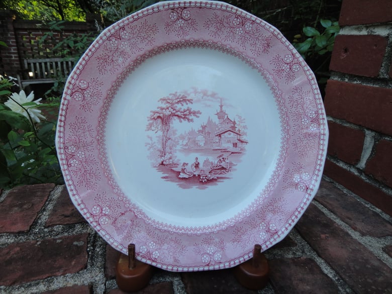 Image of A Romantic "Ning-Po" Red and White Transferware Plate 
