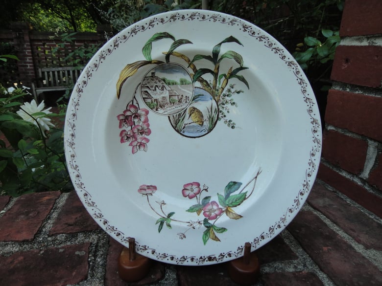 Image of A Wondrous Late 19th Century English Cottage Aesthetic Polychrome Soup Plate