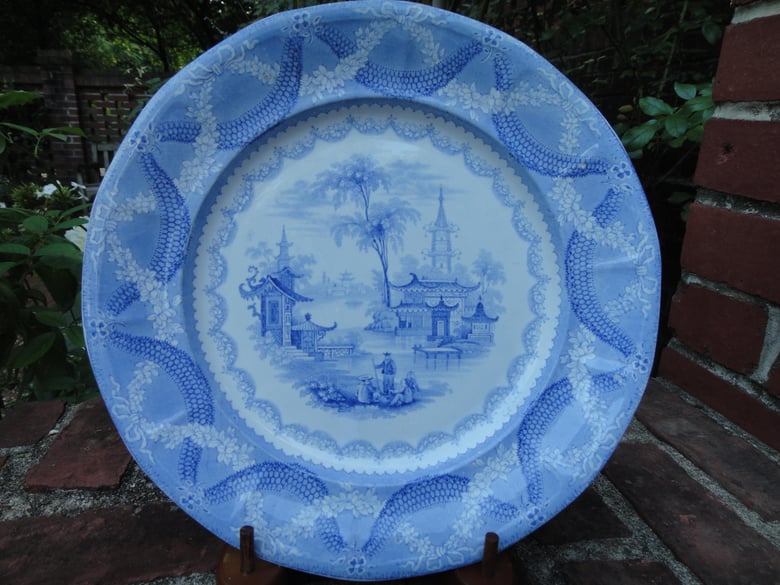 Image of A Grand Circa 1860 Romantic Blue and White Garland -Ribboned Plate