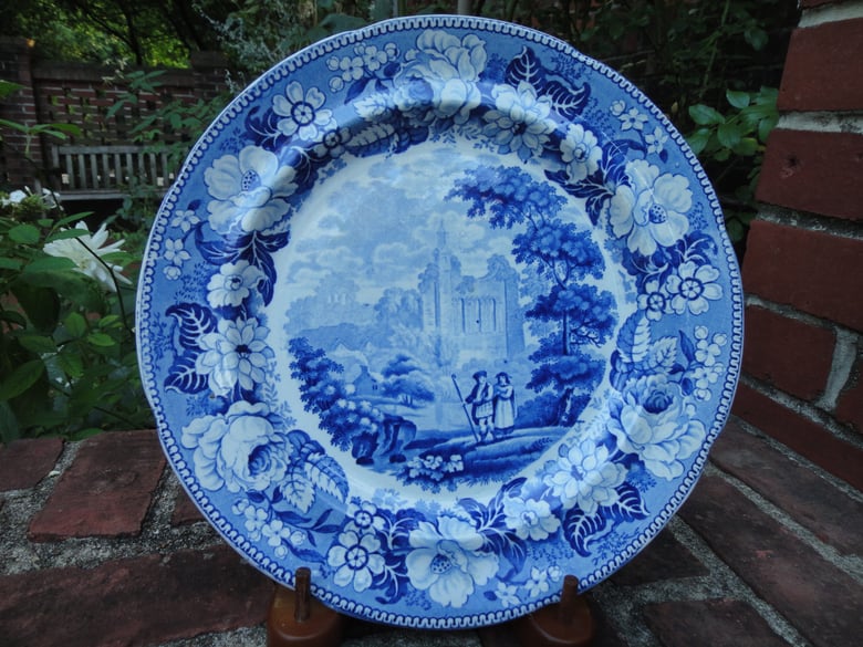 Image of A Simply Superb circa 1830 Pastoral Blue and White Transferware Plate