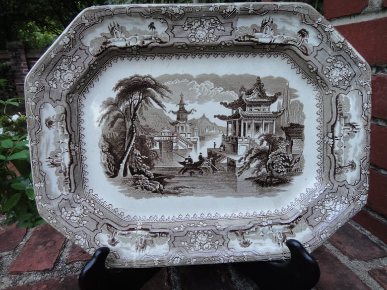 Image of A Wonderful Small Oriental View Brown and White Transferware Platter