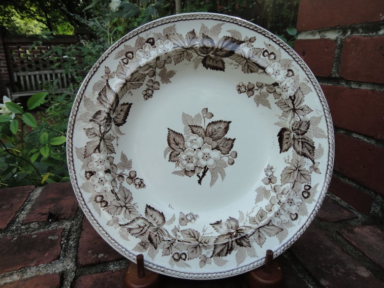 Image of A Charming "Alton" Brown and White Cottage Floral Brown and White Transferware Plate.