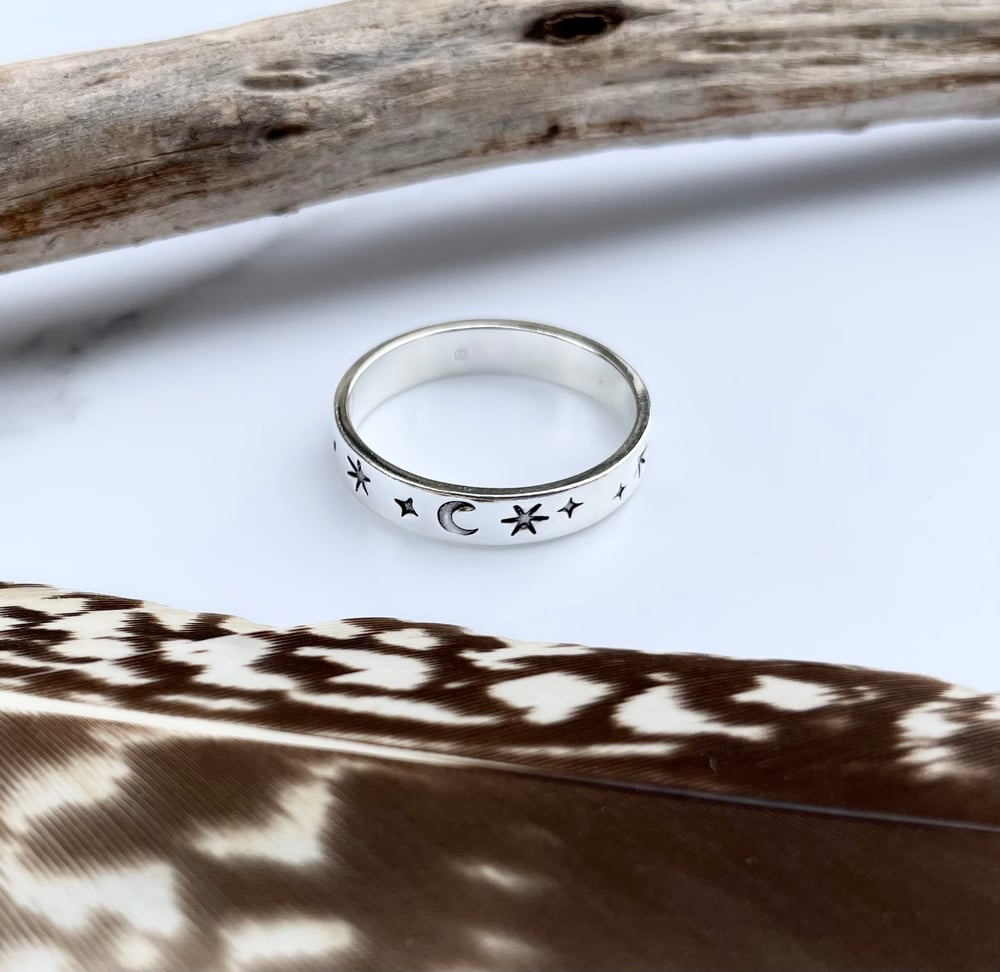 Sterling Silver Star and Moon Ring, Hand Stamped