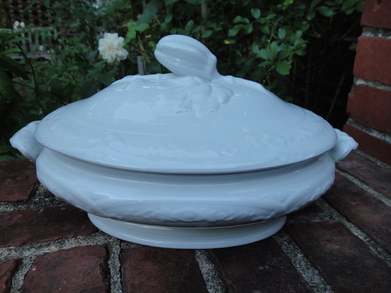 Image of An 1866 Potted "Arched Sharon" English White Ironstone Vegetable Tureen.