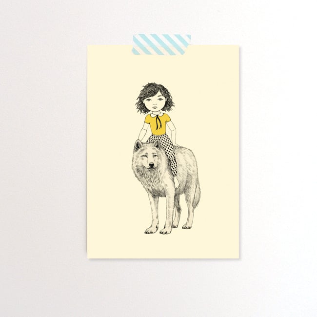 Image of Carte postale simple Fille et loup