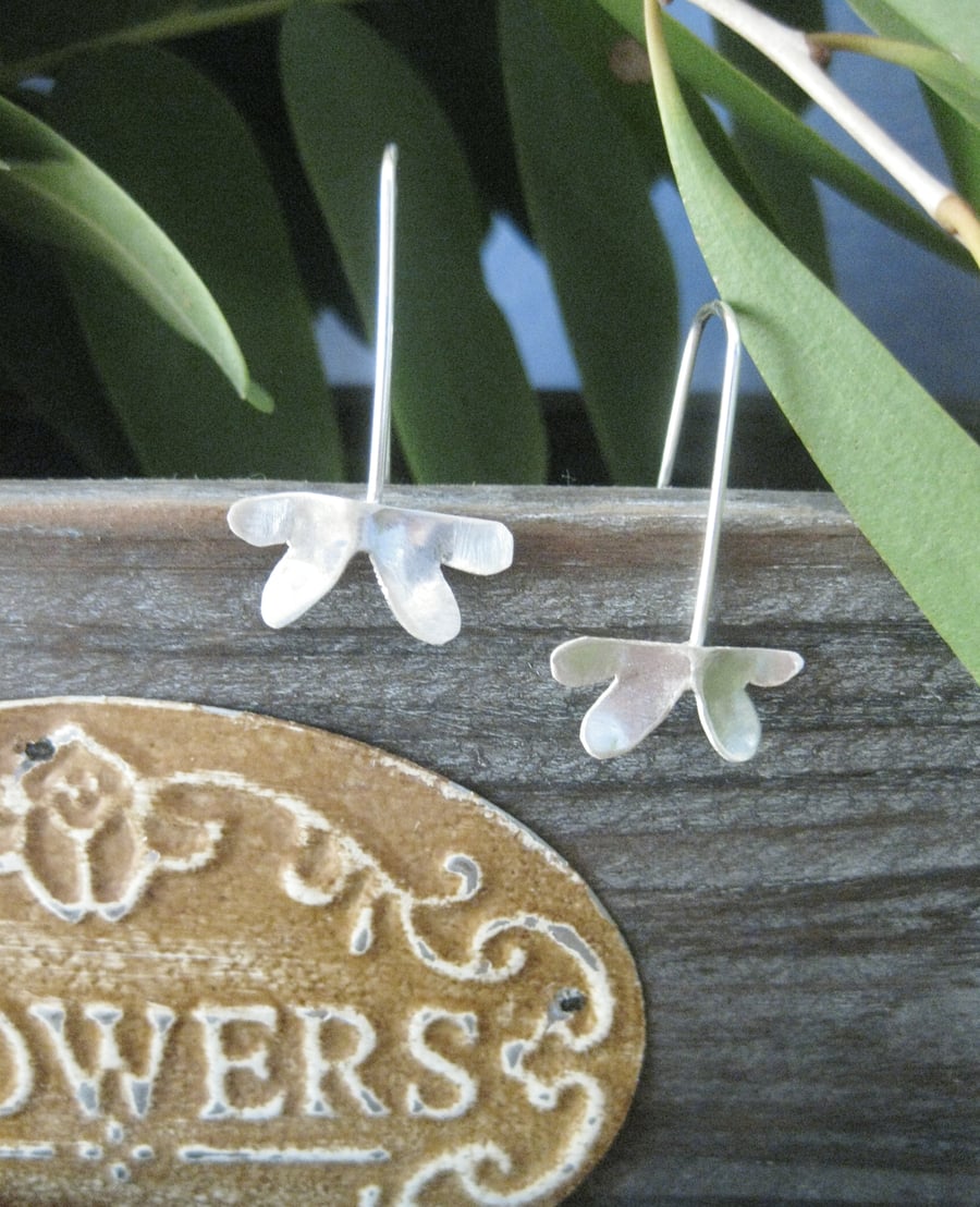 Image of Double heart leaf forged sterling silver hook earrings