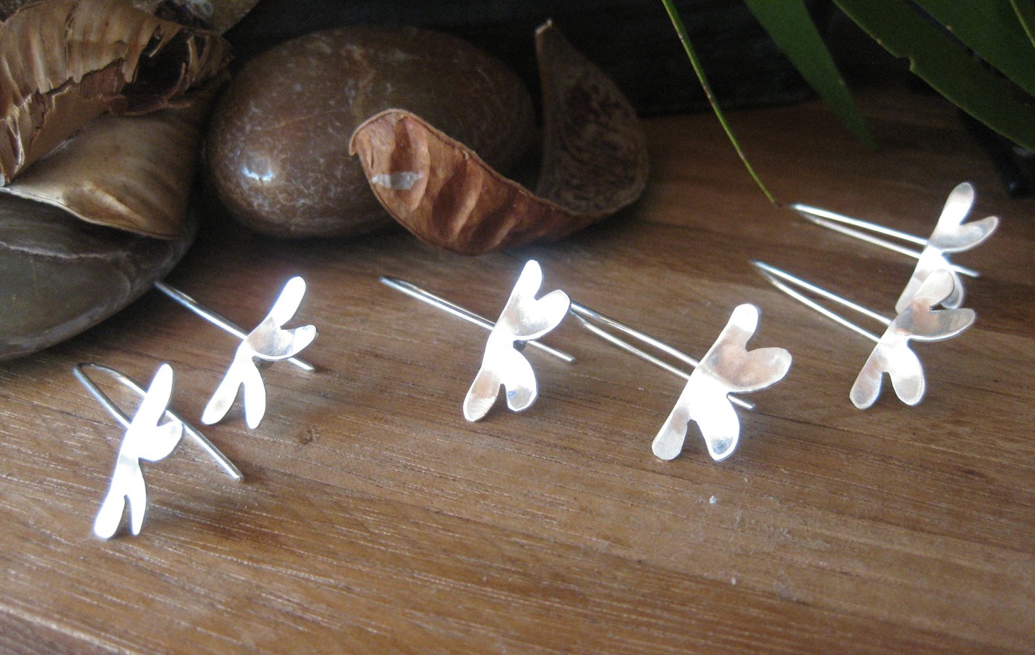 Image of Double heart leaf forged sterling silver hook earrings