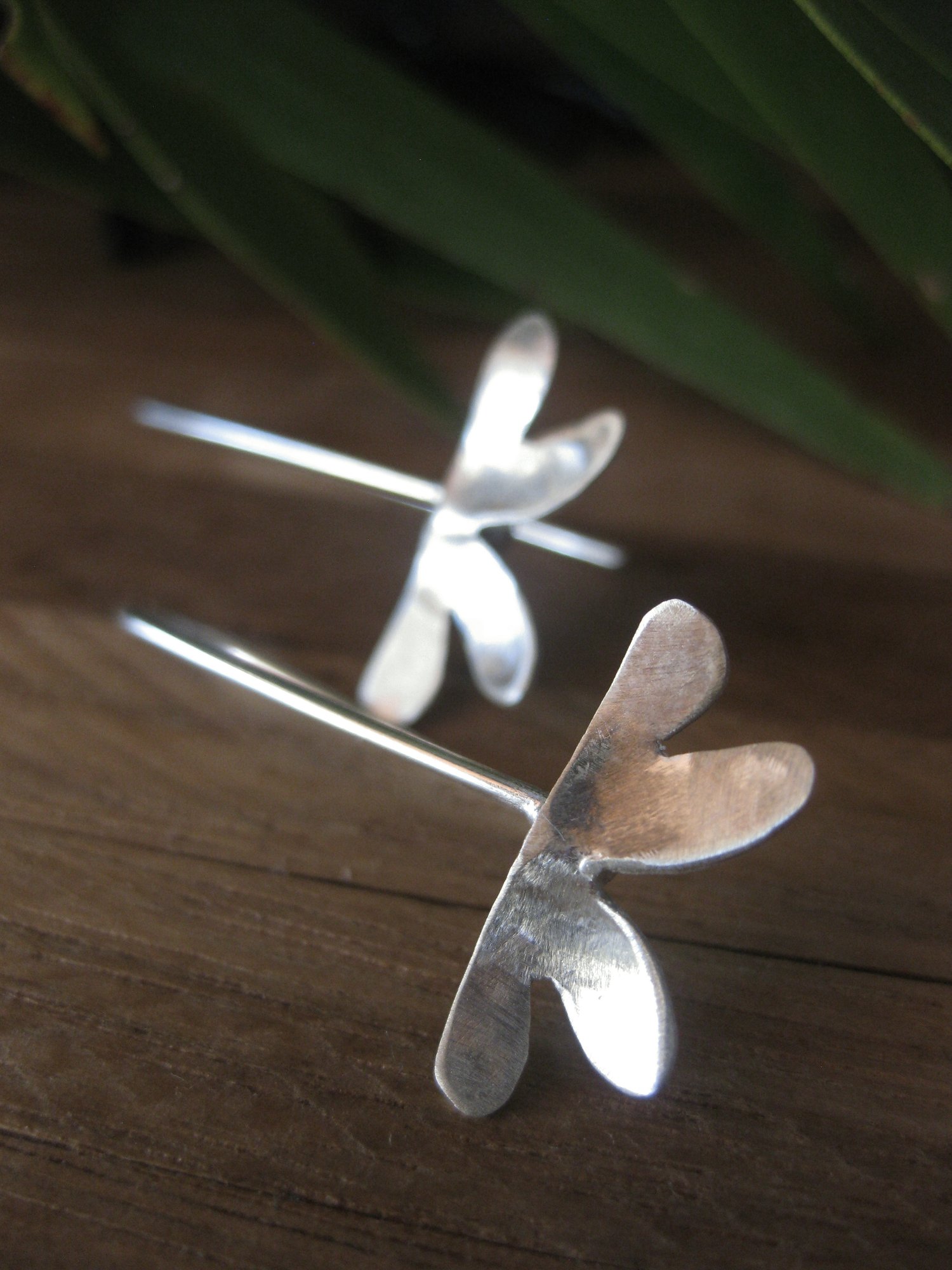 Image of Double heart leaf forged sterling silver hook earrings
