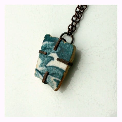 Image of Green Leaves - Forest Green Sea Pottery & Copper Necklace