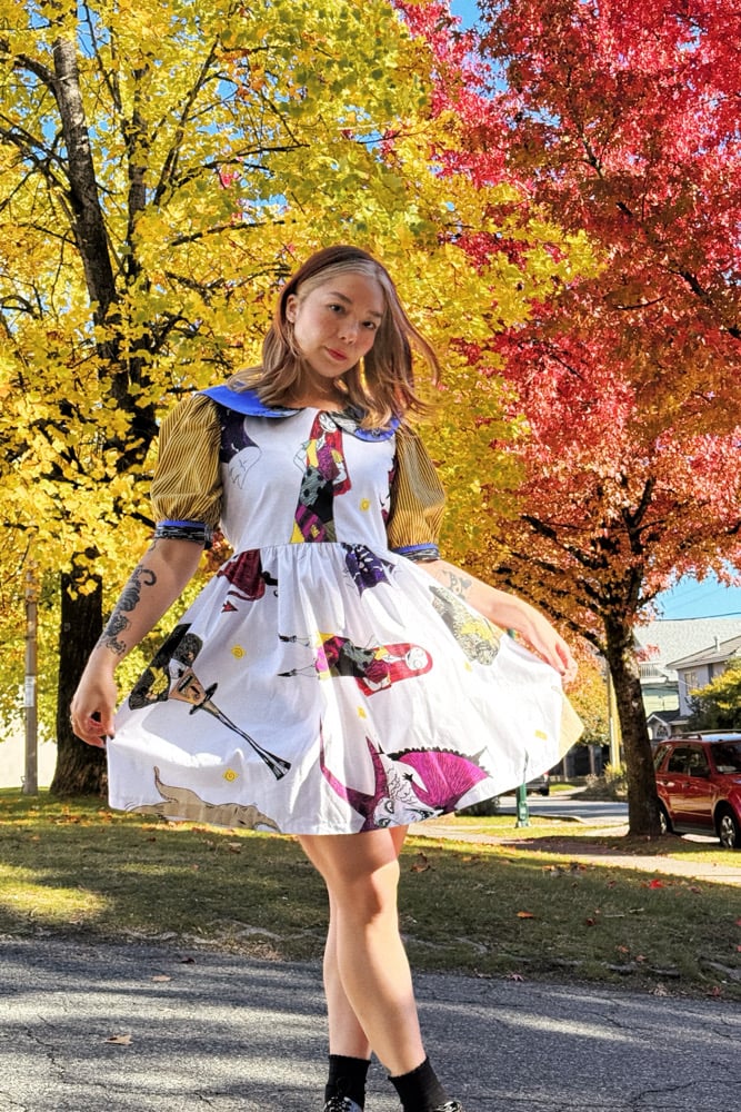 Image of Collared Puff Sleeve Dress — Halloween Yellow Stripes