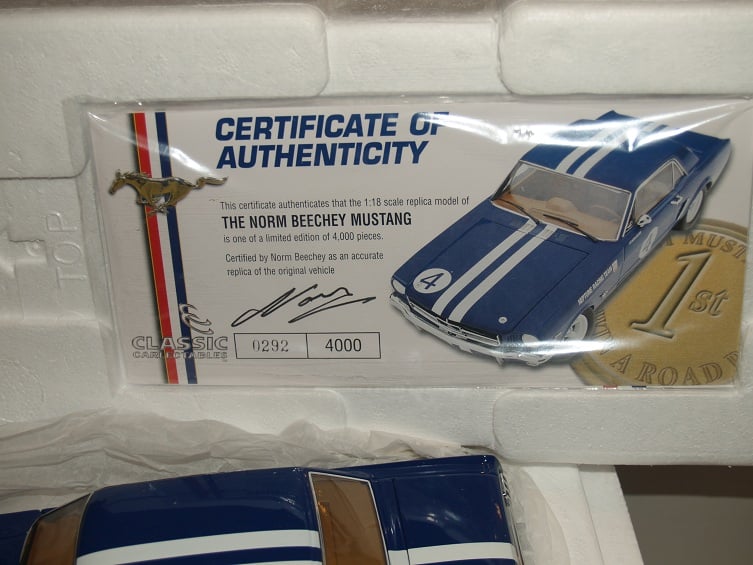 Image of NORM BEECHEY. NEW 1:18 FORD MUSTANG. 1965 ATCC. SANDOWN. SIGNED Certificate.