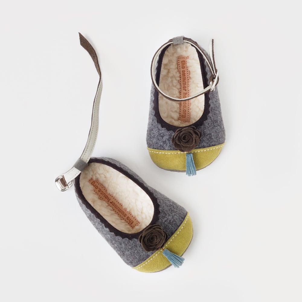 Image of wool & leather baby ballerinas with flowers and tassels 