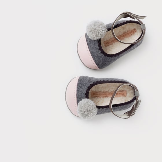 Image of wool & leather baby ballerinas with pompoms