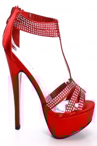 Image of RED SATIN GEMSTONE ACCENT ZIP UP PLATFORM HIGH HEELS