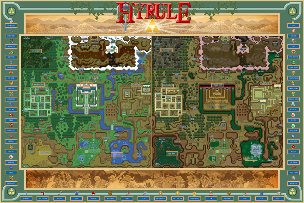 Image of The Light & Dark Realms of Hyrule (labeled)