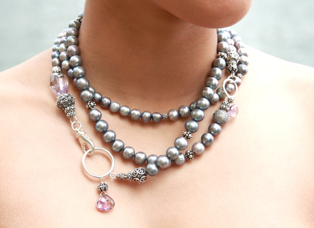 Grey Pearl Rope with Amethysts and Lobster Closure