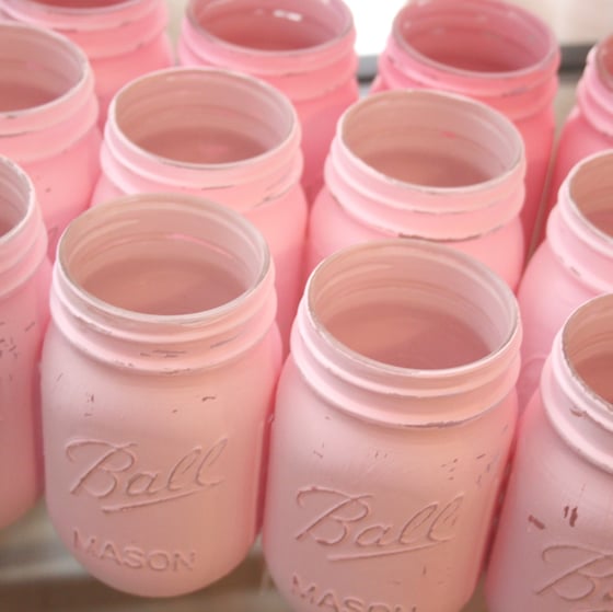 Image of Set of 12 Pink Painted and Distressed Mason Jars