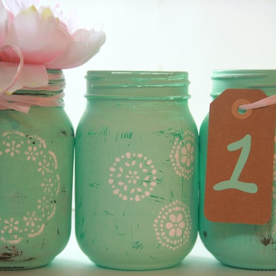 Image of Set Of Three Teal Floral Mason Jars