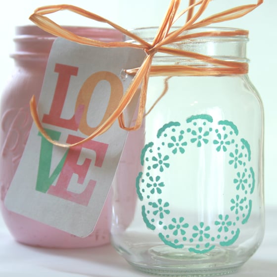 Image of Clear Mason Jar With Teal Floral Detail