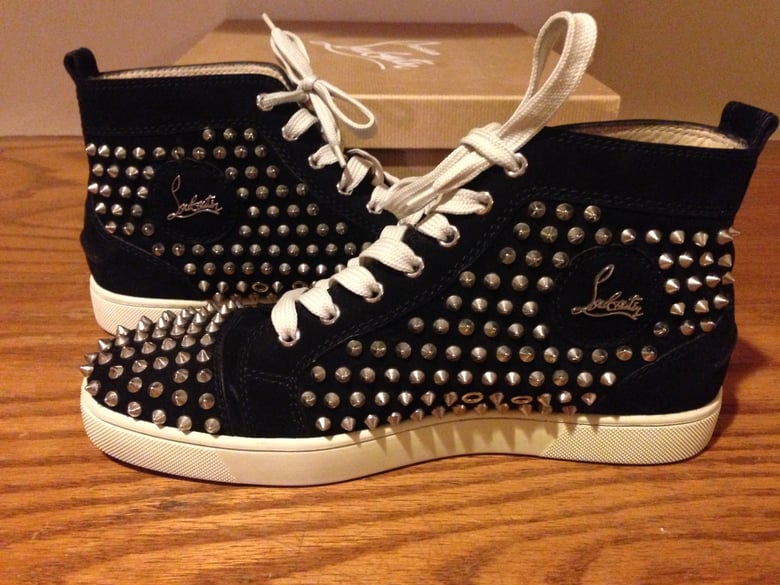 Image of Men's Authentic Christian Louboutin black velour spike sneakers