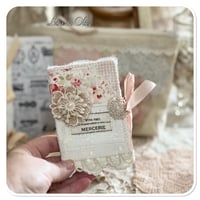 Image 4 of sewing zipper purse and needle book tiny glass bottle of pear shaped pins and French lace