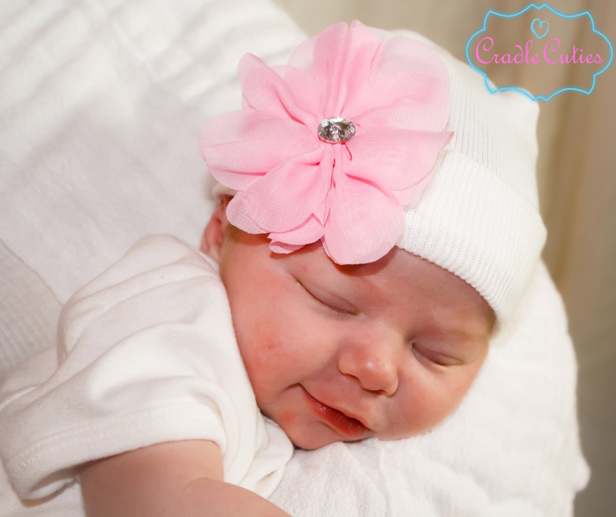 CradleCuties — Boutique Newborn Hospital Hat (Pink Chiffon Flower BC)