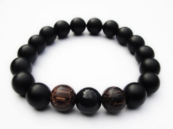 Image of BOYBEADS "VALIANT" matte black onyx + natural wood 10mm stretch bead bracelet for men