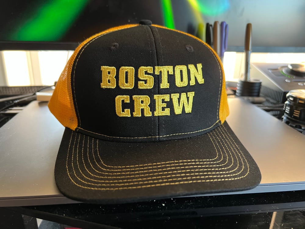 Black and Gold Trucker Snapback Cap with Boston Crew logo