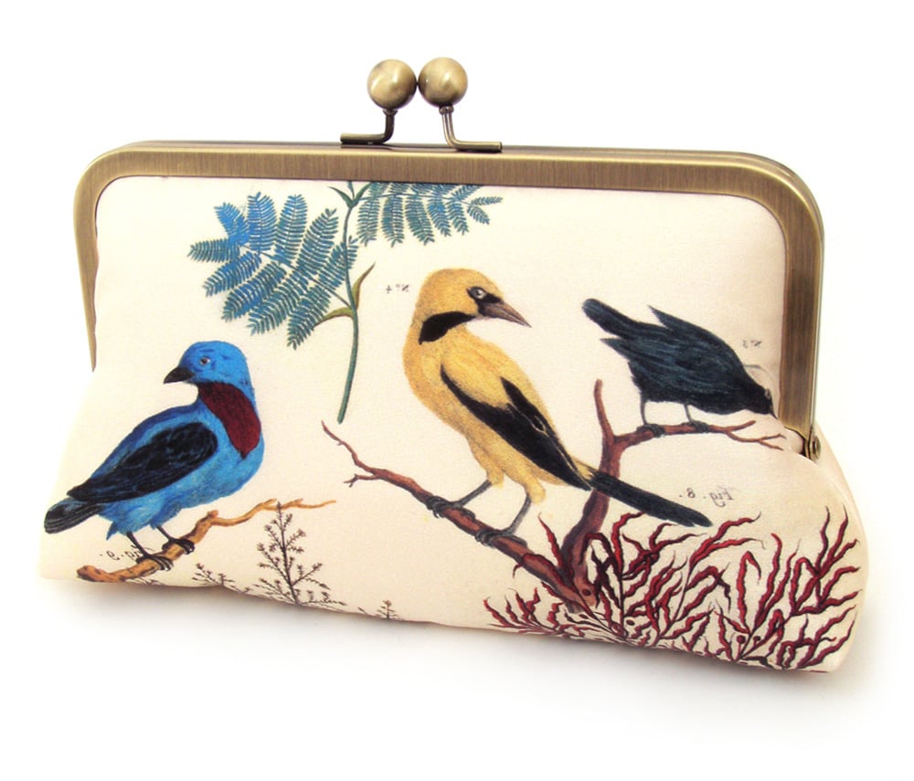 Image of Victorian birds, printed silk clutch bag + chain handle