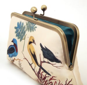 Image of Victorian birds, printed silk clutch bag + chain handle