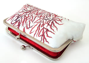 Image of Red coral, printed silk clutch bag + chain handle