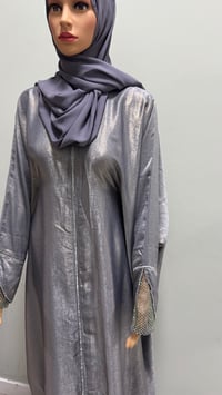 Image 3 of Korean shimmer fabric Flared sleeve abaya Gray close come with a matching scarf 