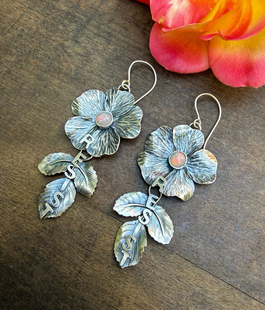 Image of Dog Rose Flower "RESIST" Ethiopian Opal Earrings